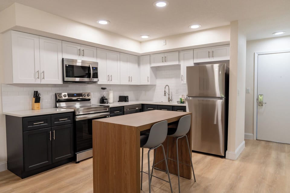Gather for meals and games around a spacious dining table.