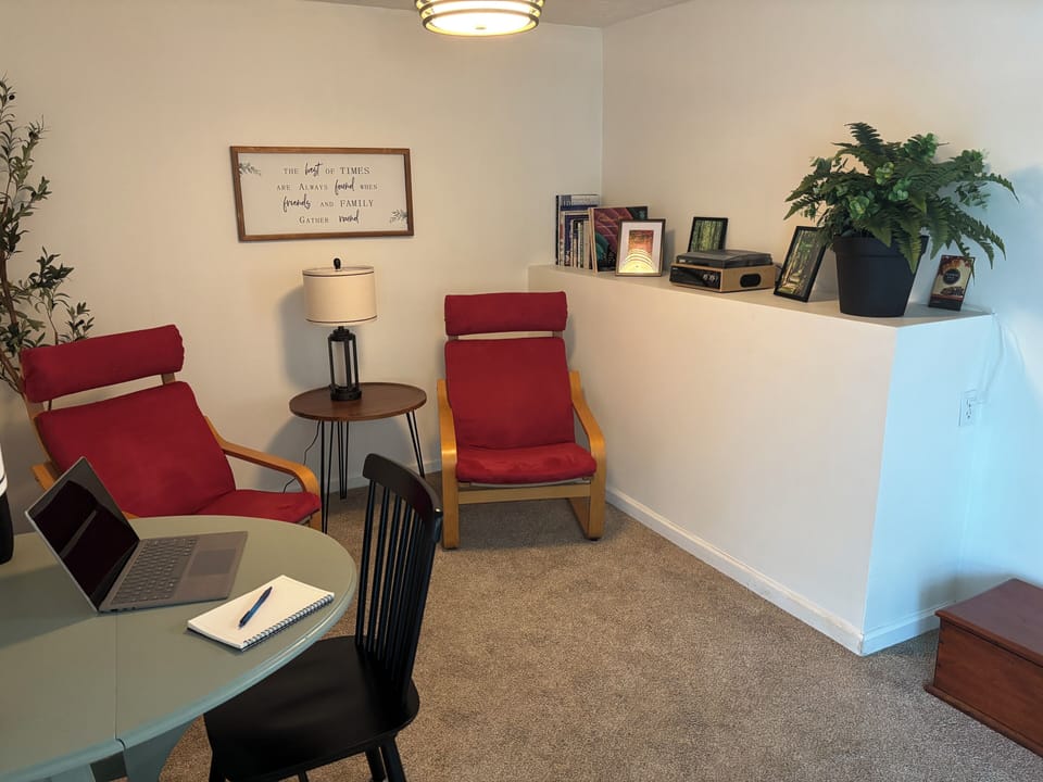 Library room has office space, games, books, and a turntable w/ records.