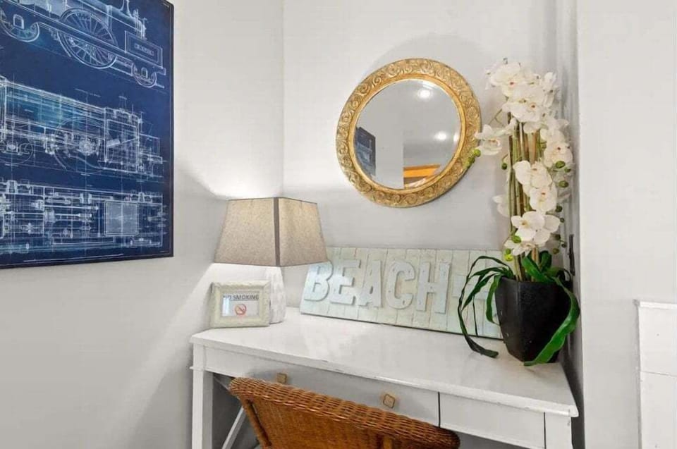 A beach-themed work space, on the second floor, bringing a calming coastal vibe to your productivity, making work feel like a breeze!