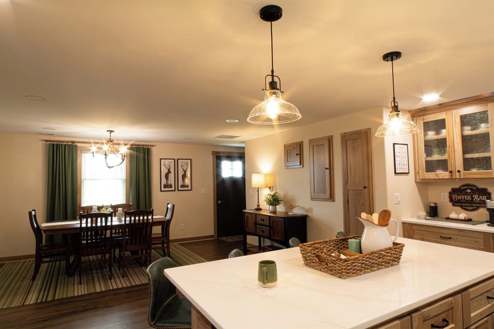 From the kitchen facing west towards the dining area. 