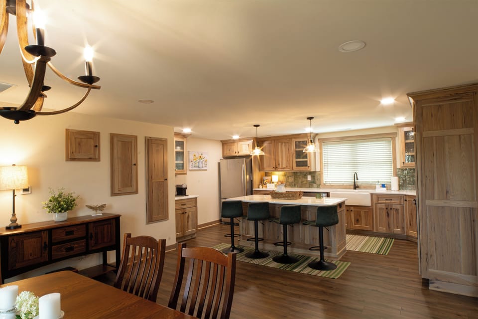 Facing east towards the kitchen and four-person breakfast bar.