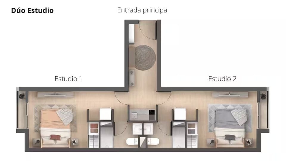 Layout de los Departamentos completo. Comparten la entrada y una cocina Central.