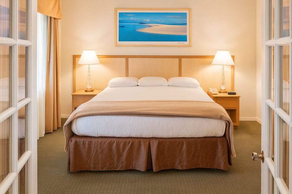 Sink into a plush bed framed by soft, restful light.