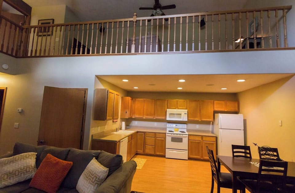 View into the kitchen and dining area.