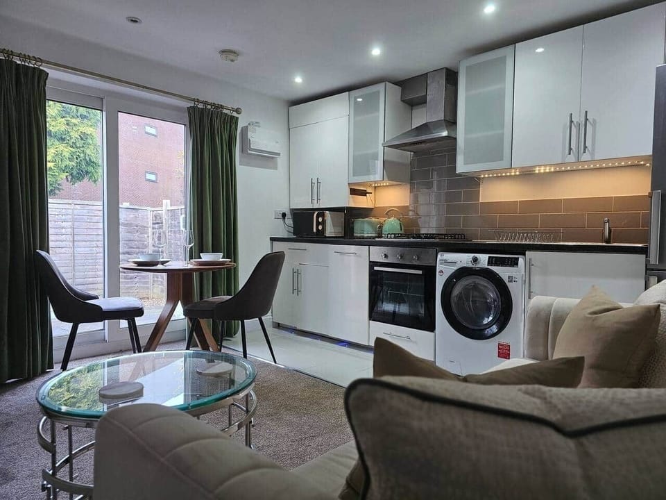 Comfortable open plan living with dining area, smart TV, dishwasher, washer dryer, fridge freezer