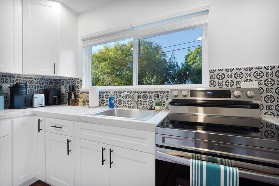 Large sink and stainless steel range