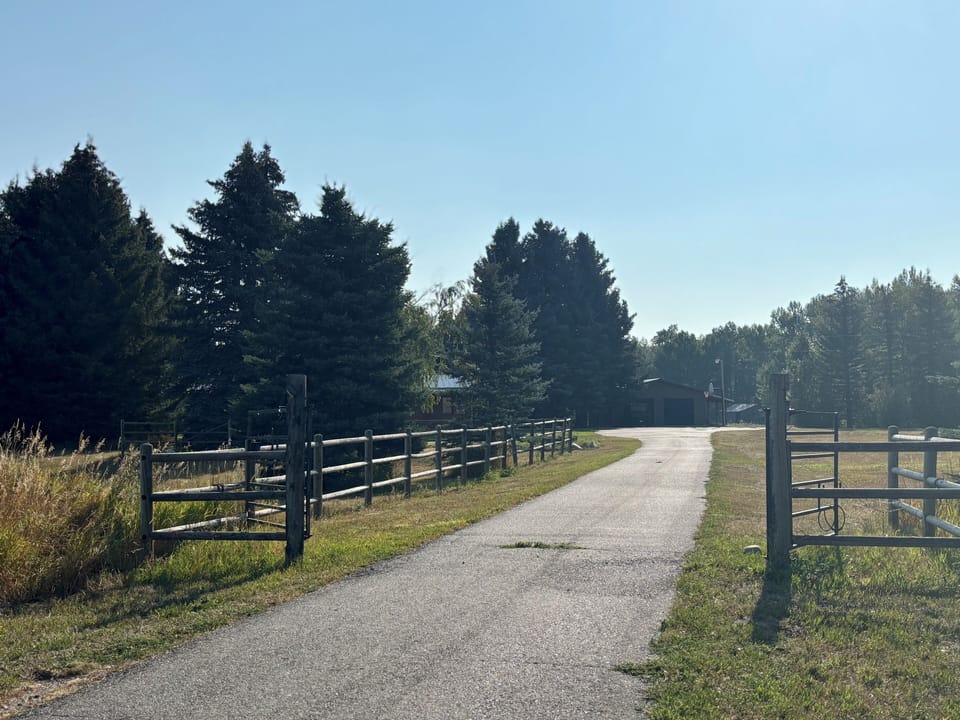 Long paved driveway leads to the house