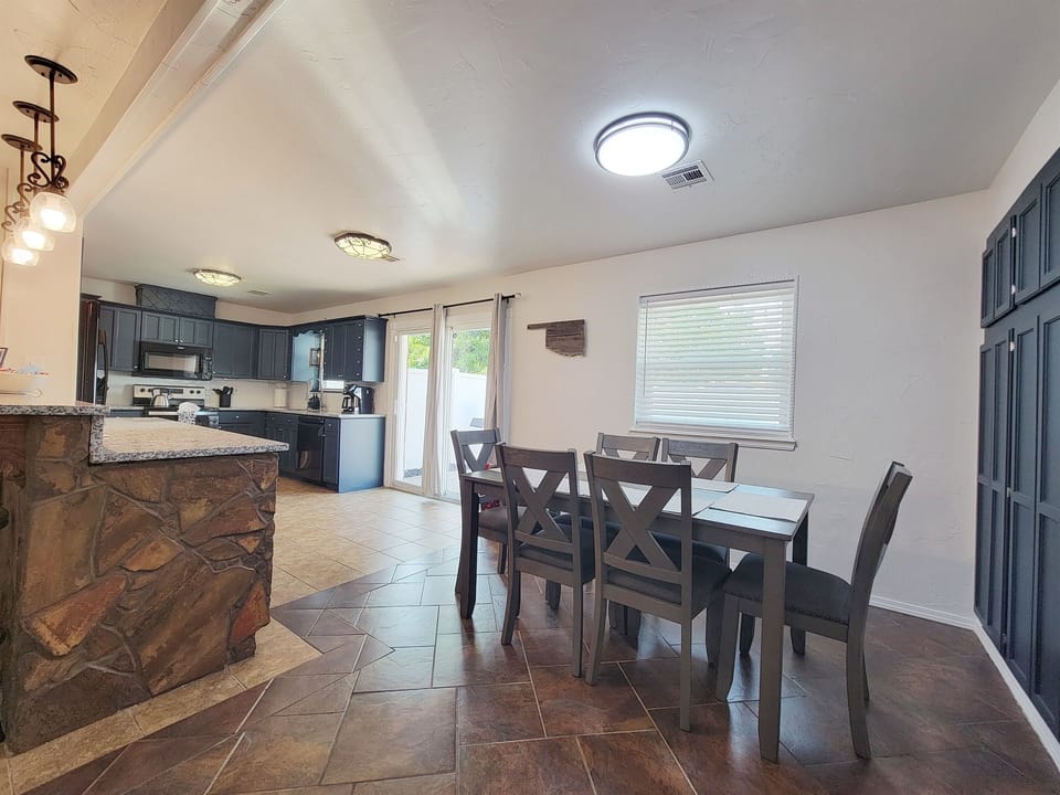Kitchen, bar, and dining seating