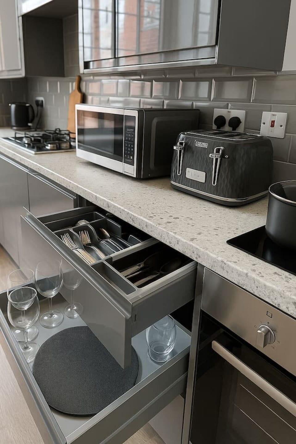 Modern kitchen with gas hob, microwave, toaster, kettle, and fully stocked drawers with cutlery, glasses, and essentials — ready for your stay!