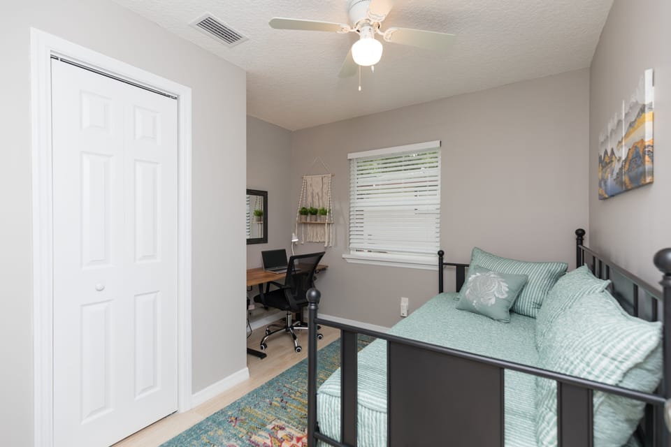 Indoors, Home Decor, Appliance, Ceiling Fan, Bed