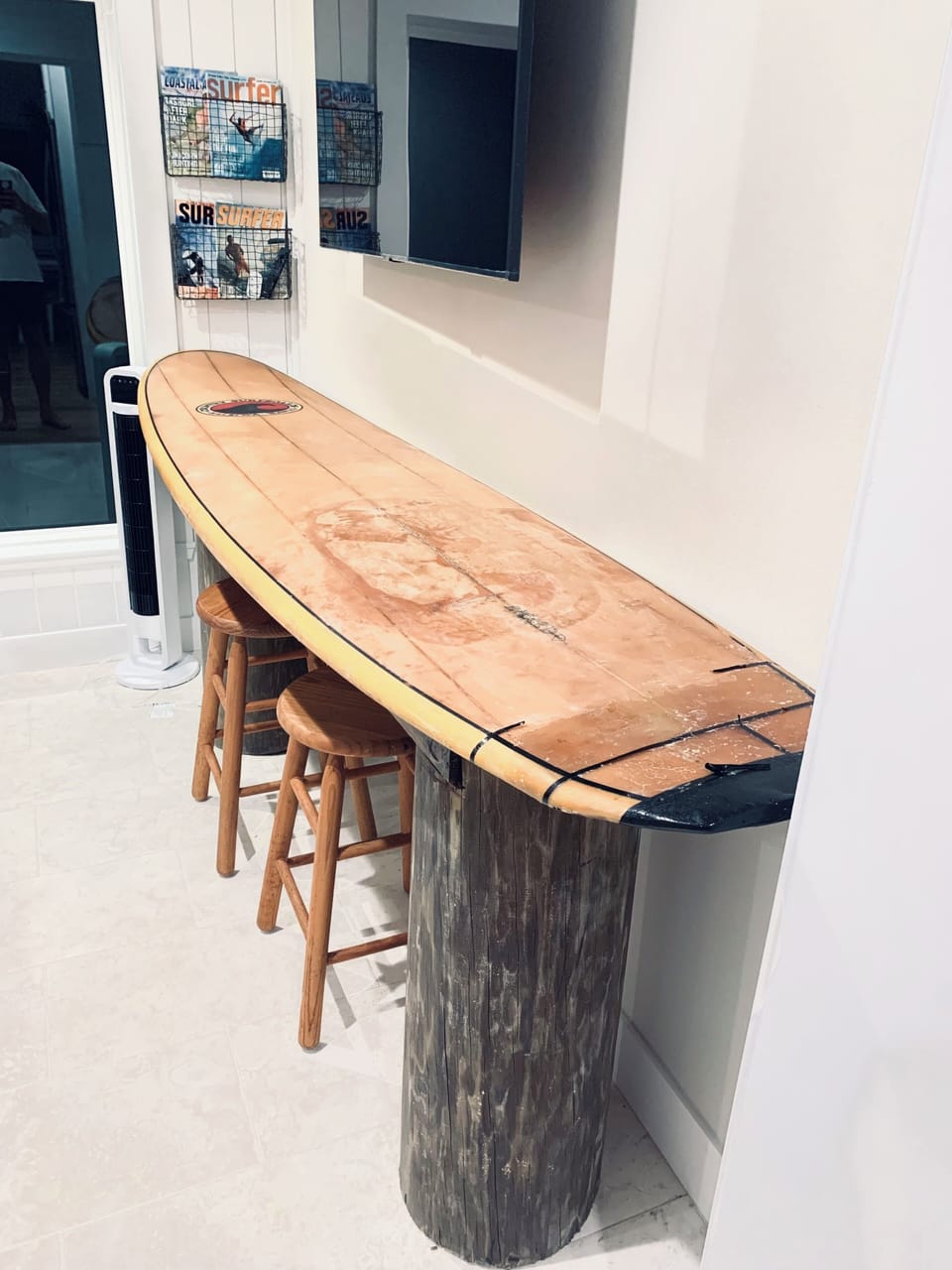 Unique surfboard table ready for lunch or  a remote virtual meeting.