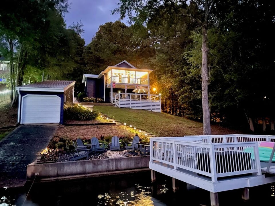 View from the lake.  Path lighting to fire pit.