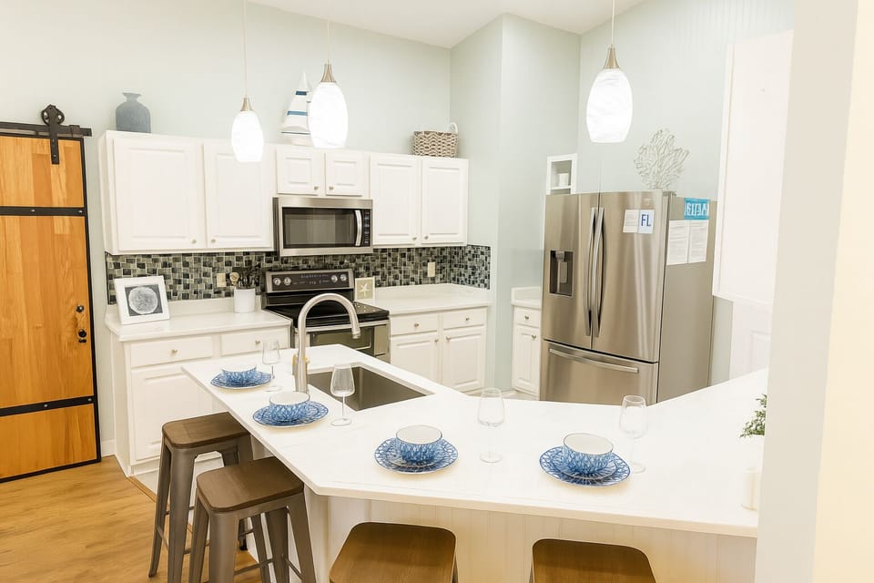 Kitchen w/4 bar stools- new plates, cups, utensils, bowls, etc. 2025