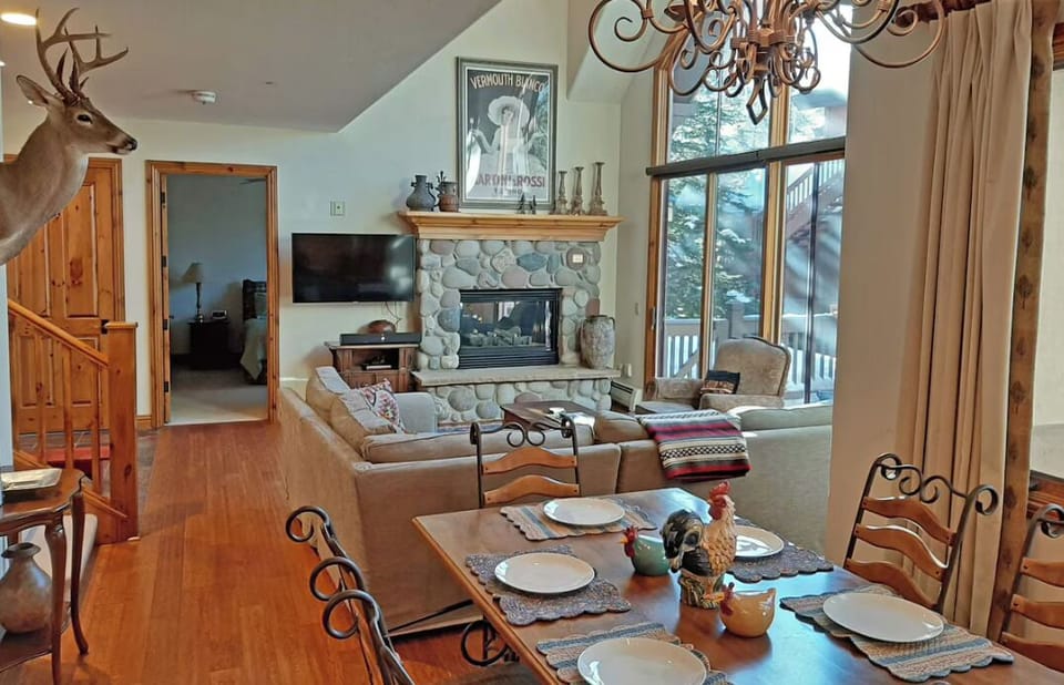 Open living area with fireplace. Walkout patio, seating for 10