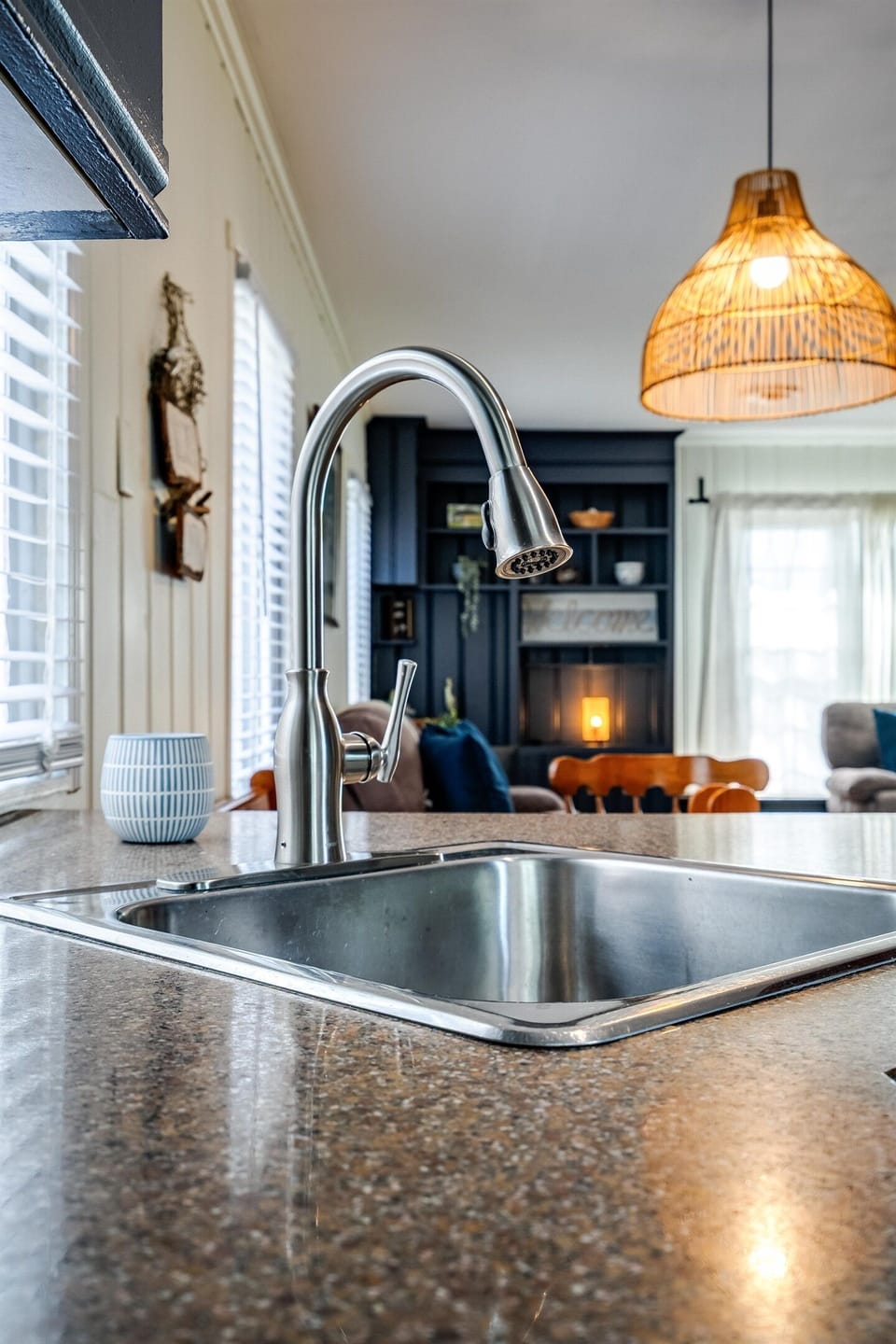 A soft glow from the lamp sets the evening tone.