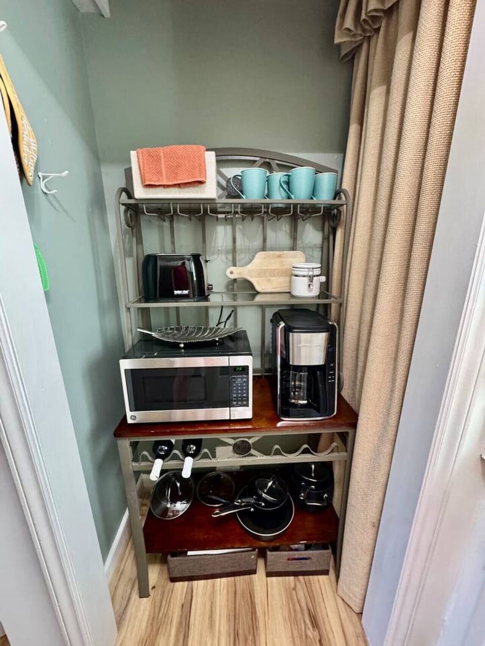 Coffee station, microwave, toaster, & cooking basics.