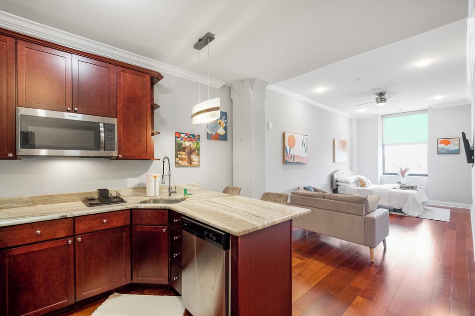 Dedicated dining and work station with comfortable seating.