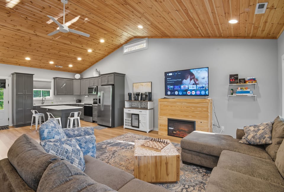 Open living room, Google TV, coffee bar