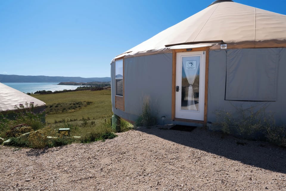Front door of The Cisco yurt - check out that view of Bear Lake!
