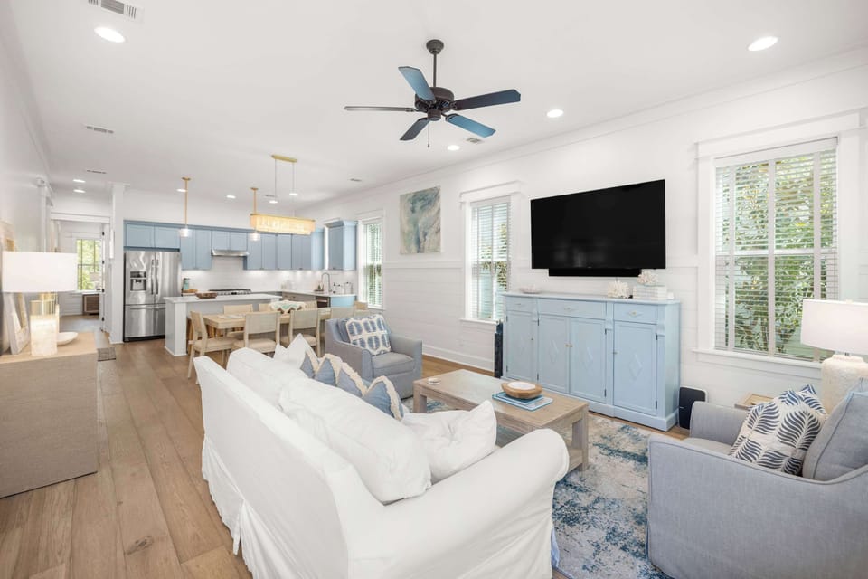 Living room: Main floor, 75" Samsung Smart TV, Samsung soundbar, DVD player, ceiling fan