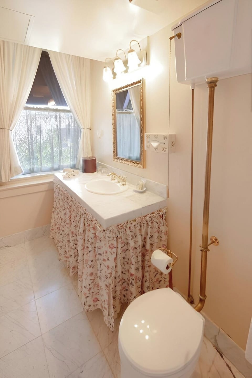 Start your morning with soft light and vintage vanity charm.