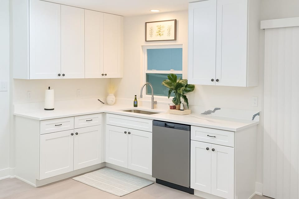 Fully stocked modern kitchen.