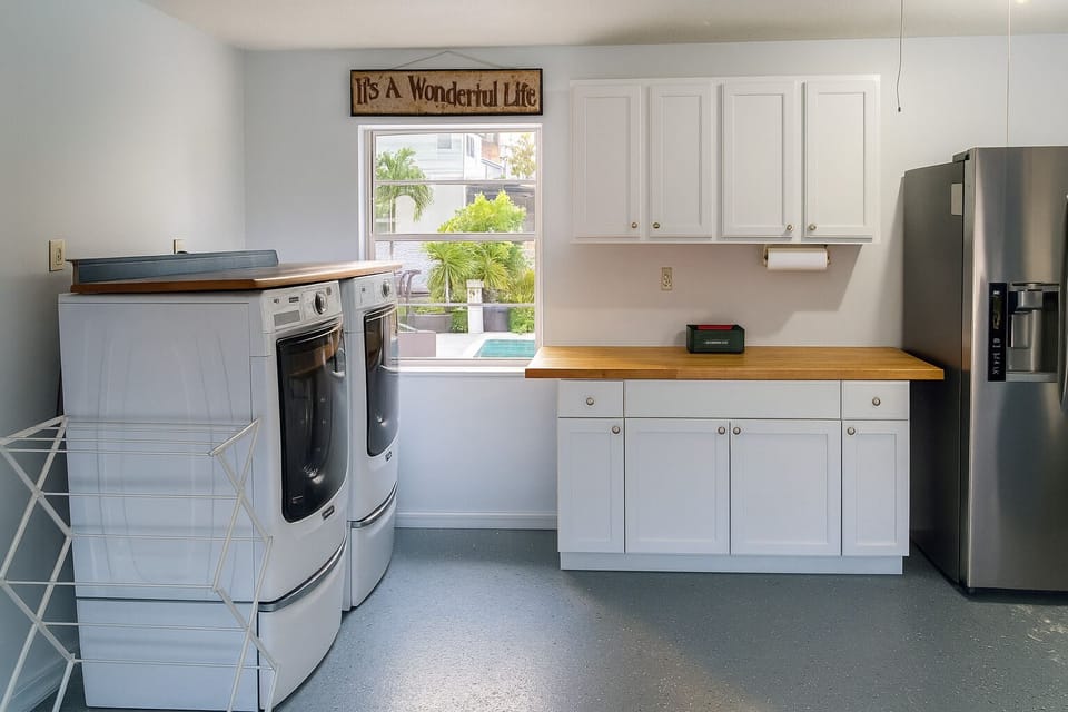 Convenient in home washer/dryer and extra fridge for longer stays. 