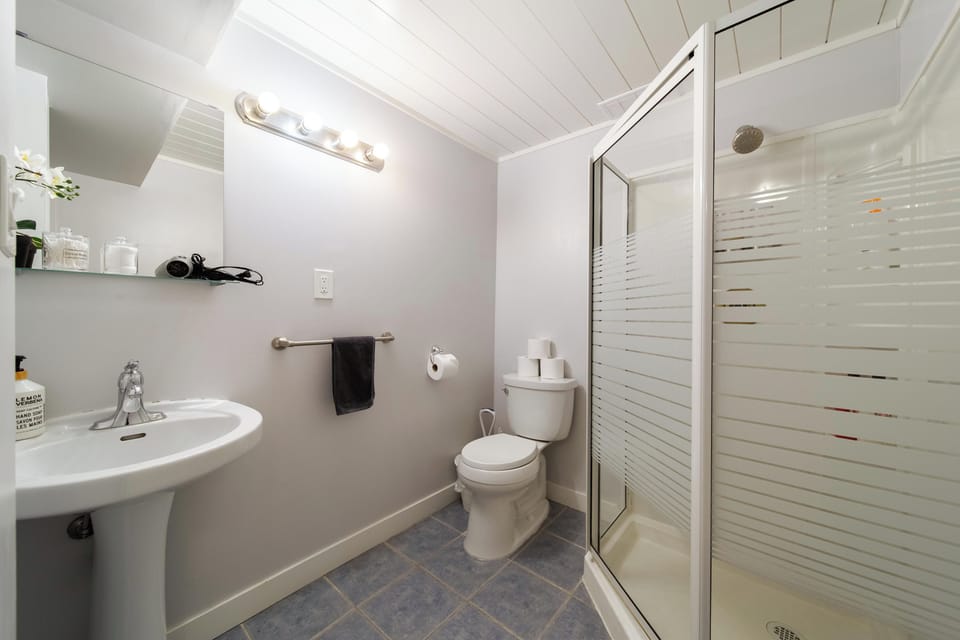 The downstairs bathroom has a walk in glass shower, a pedestal sink, a toilet & a mirror with a vanity light for getting ready.