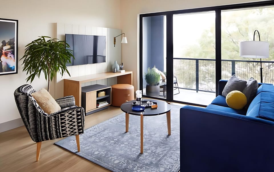 Lounge on the sofa and step out to the airy balcony.