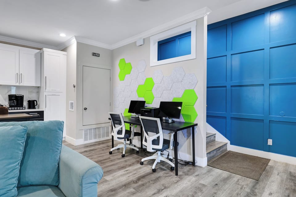 Do you need to finish some work? No problem, we got you covered! We include a large desk with 2 monitors and ergonomic chairs.