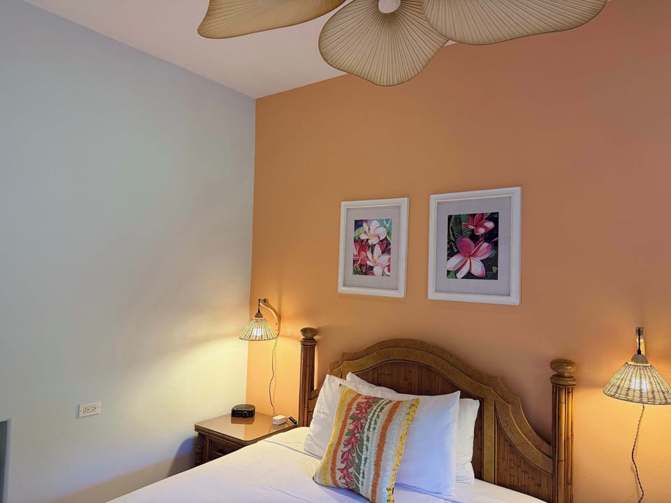 Plumeria Room with queen bed, comfort of AC, ceiling fan, smart TV. 