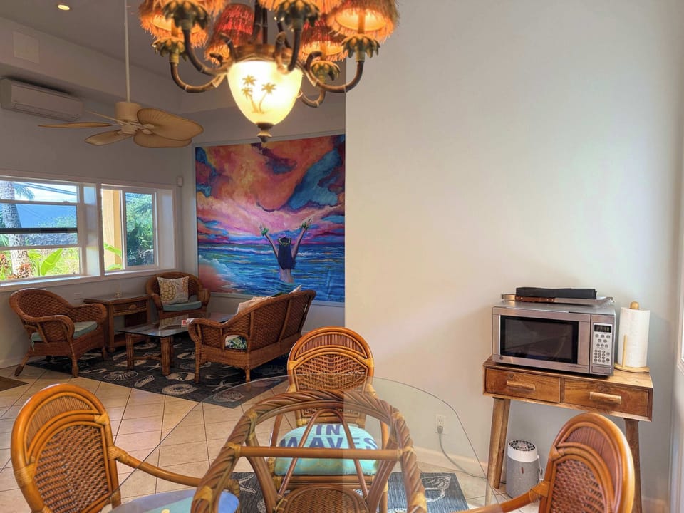 Dining in the Lobby-Lounge Shared Space in the common area. Enjoy homemade breads made with locally grown apple-bananas.