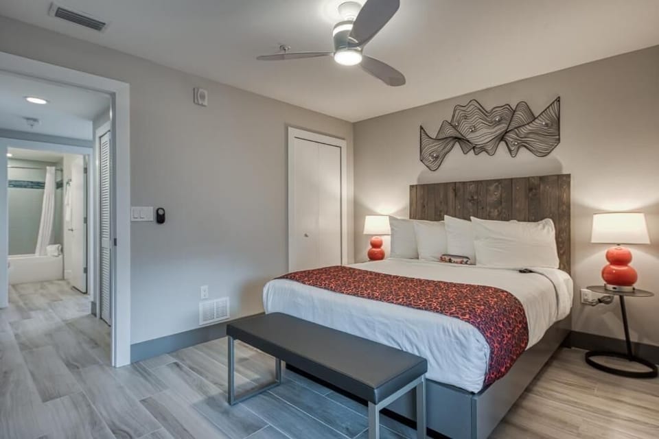 Stretch out in a serene room with modern coastal finishes.