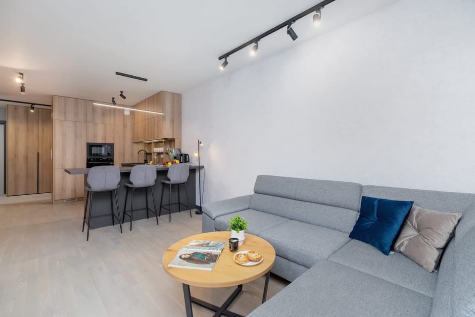 The living area features a sleek coffee table and a flat-screen television.