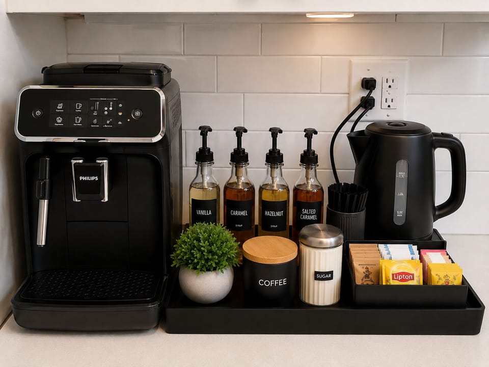 Inviting coffee & tea station with espresso maker, kettle, and flavor syrups