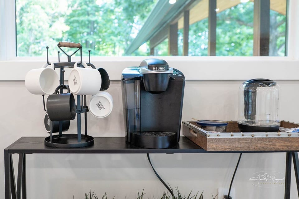 Keurig coffee maker with K-Cups—light, medium, dark, and fun flavors!