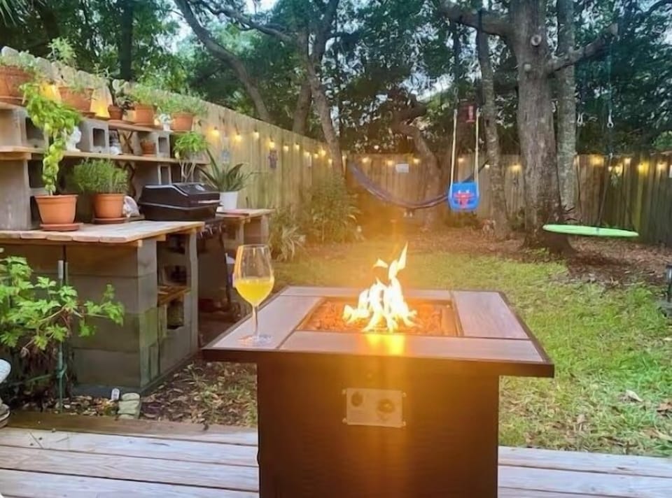 Smores??  Private backyard with string lights for a peaceful evening.