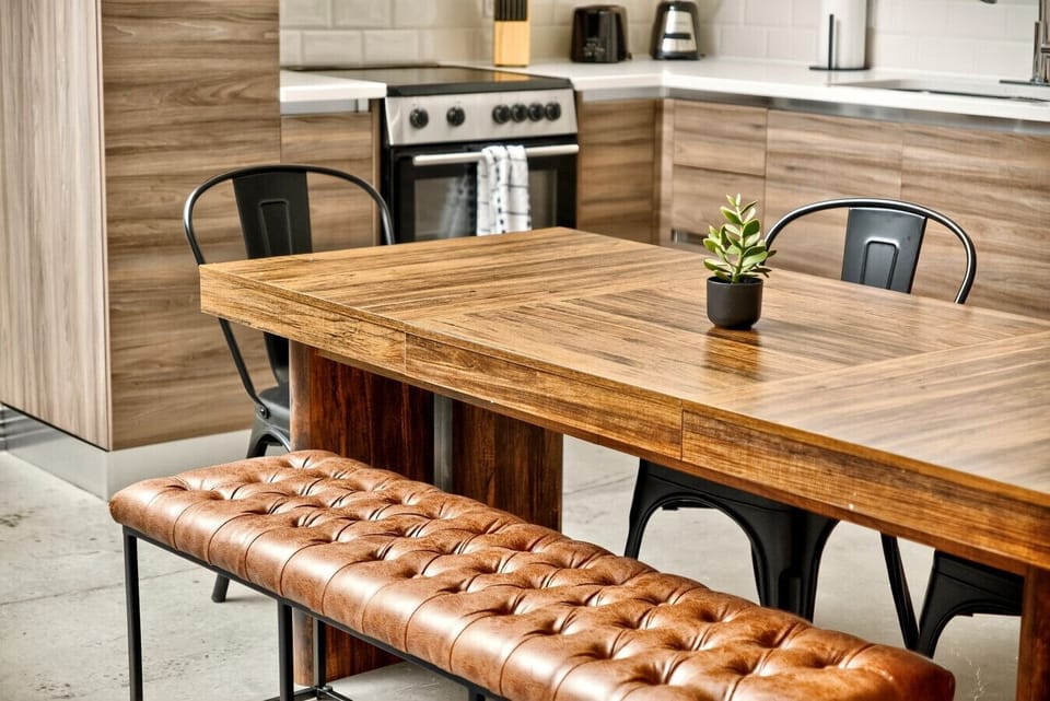 “Dining meets design” — A stylish mix of tufted bench seating and modern chairs makes this table perfect for shared meals or work sessions