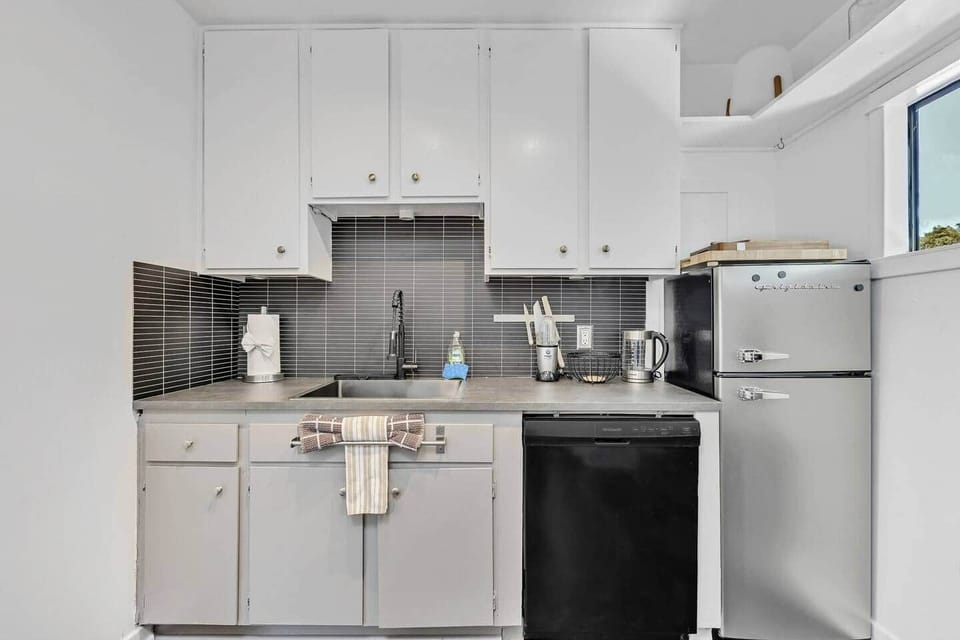 Compact kitchen with fridge, dishwasher, sink, and essential appliances.