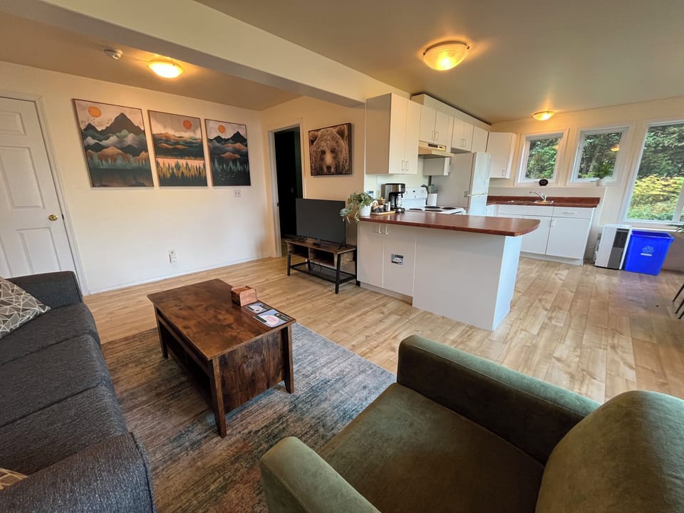 A cozy living area. The couch is equipped with a pull out bed.