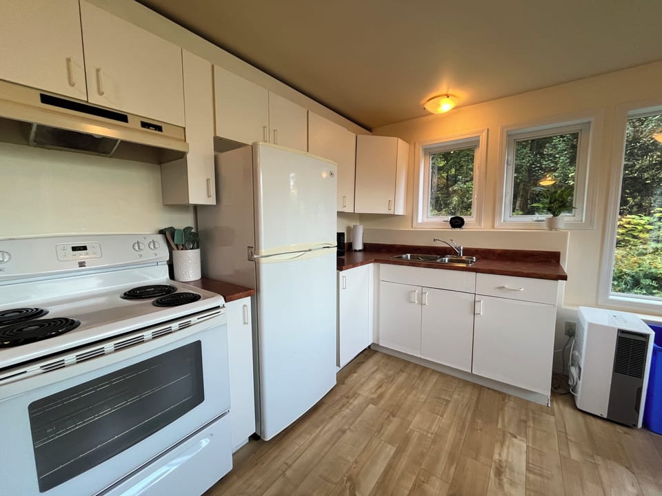 Fully stocked with standard appliances, utensils, and basic cooking supplies.