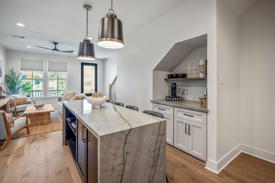 Waterfall Kitchen Island, with bar stools for effortless hosting