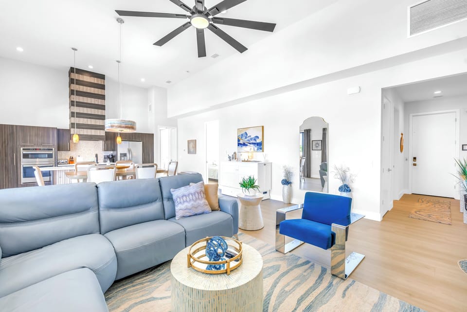 Open living room with 14 foot ceilings.