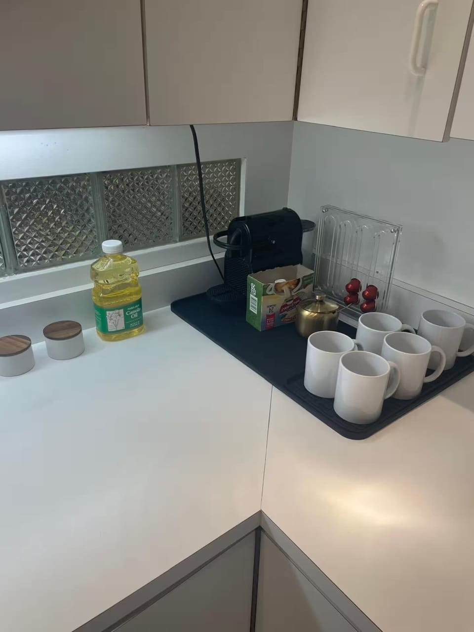 Coffee, creamer and sugar, and cooking basics provided.