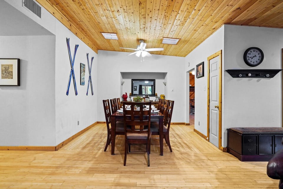 Dining Room | Large Table for Ten | Rustic Ski Lodge Decor & Warm Lighting