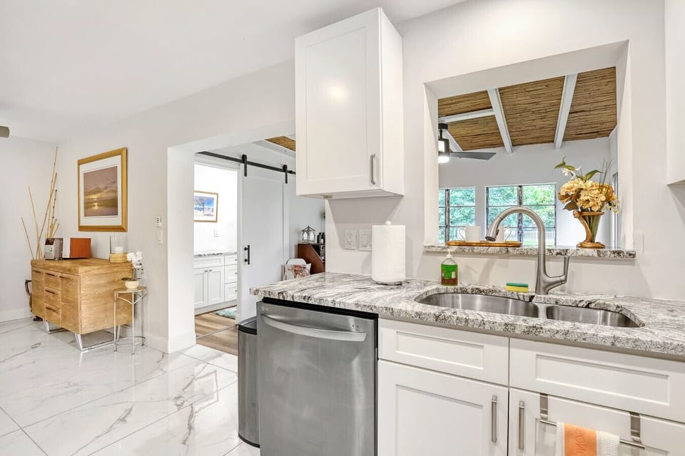 Our recently updated kitchen with Gas stove & oven, large French door refrigerator, microwave and dishwasher. Plus a full arrange of cookware with what you need to make family meals.