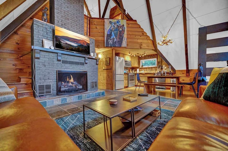 Cozy A-frame living room with smart TV and blazing-fast WiFi