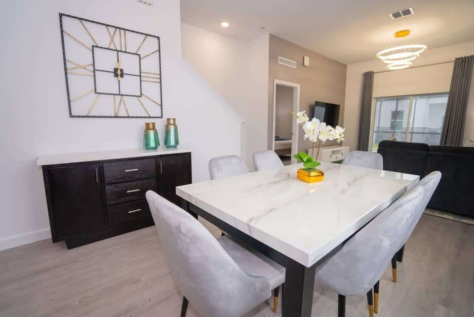 Spacious dining table designed for shared meals and gatherings.
