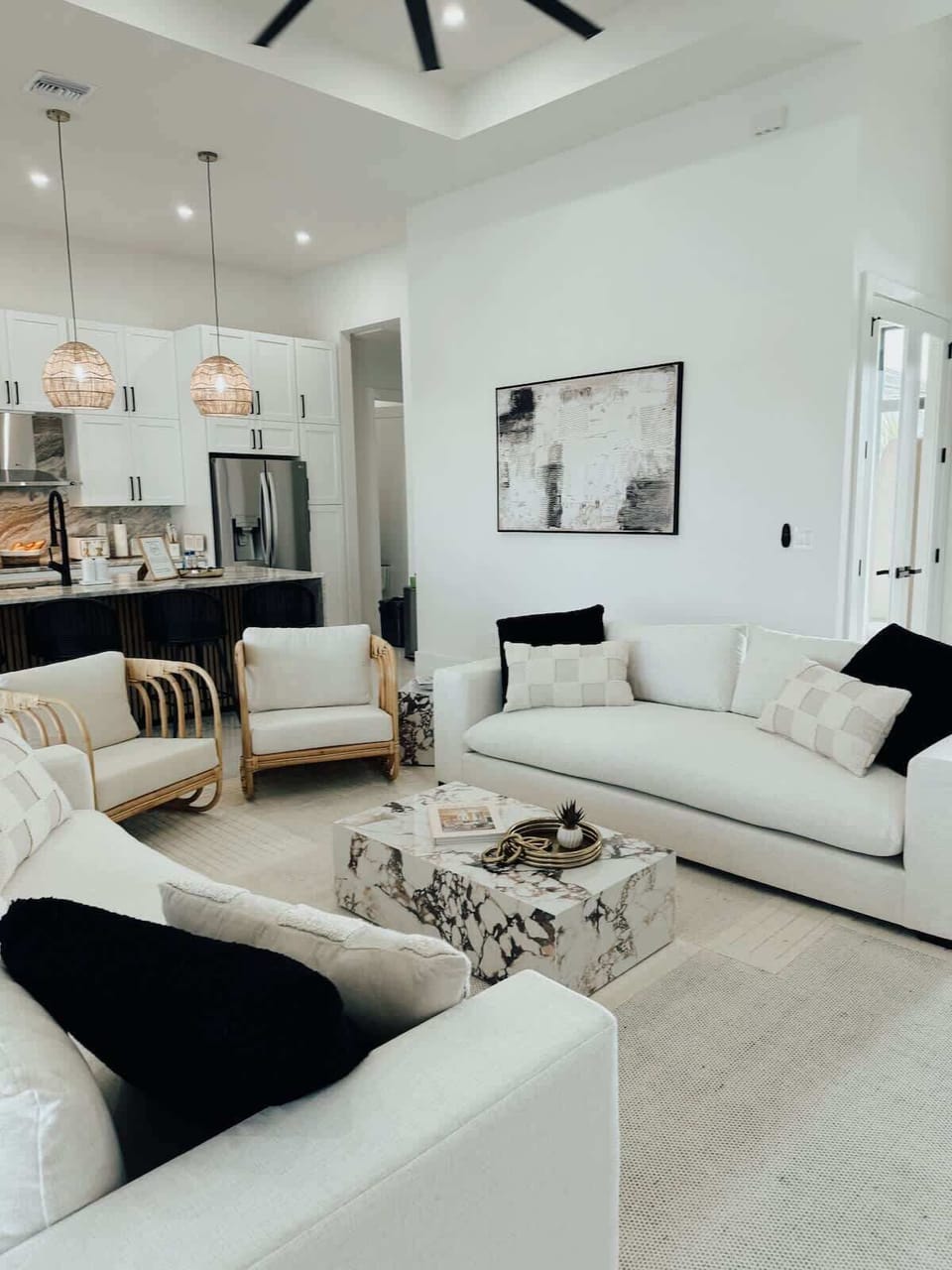 Spacious living room with cozy seating and a smart TV for relaxing nights in.