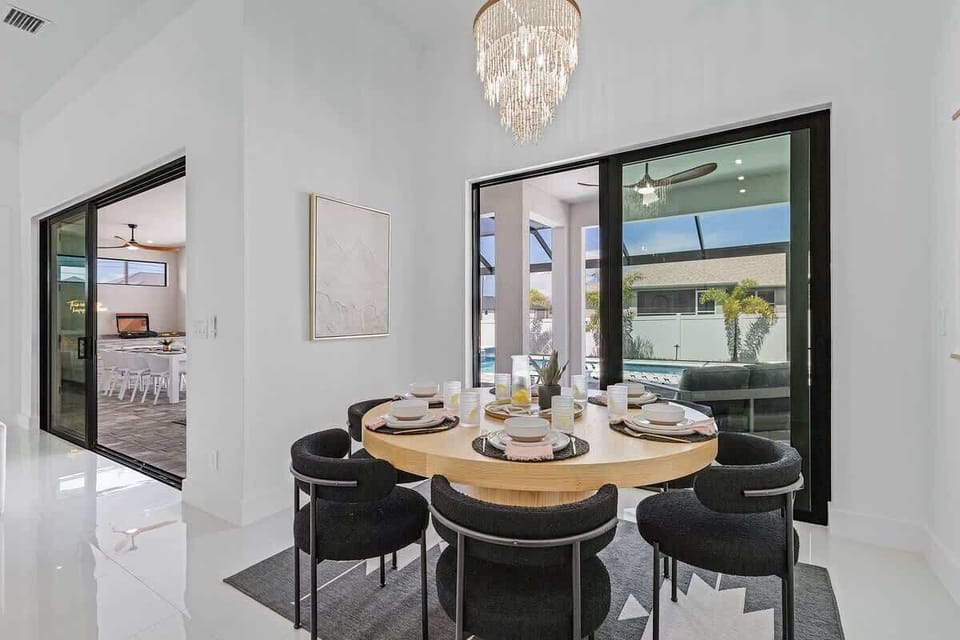 Spacious dining table with seating for family meals or group gatherings.